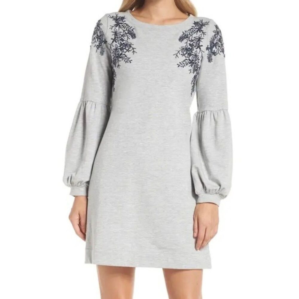 Lilly Pulitzer Grey Bartlett Embellished Jersey Dress, Puff Sleeves, Size XL